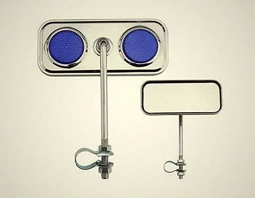5" LONG BICYCLE BOLT-ON LOWRIDER RECTANGLE MIRROR W/BLUE REFLECTORS IN CHROME.